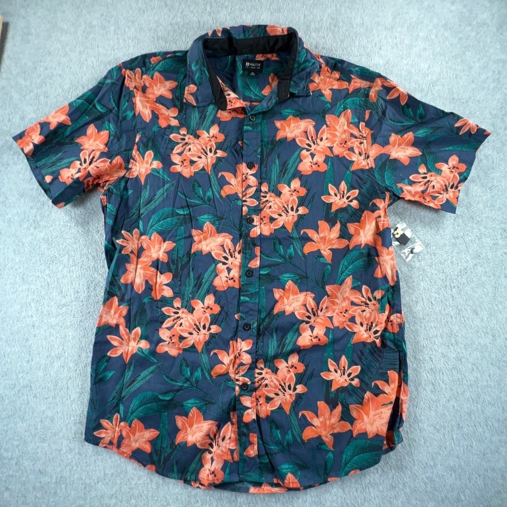 Matix Mens Floral Button Down Shirt Short Sleeve Navy Orange Tropical Lily L